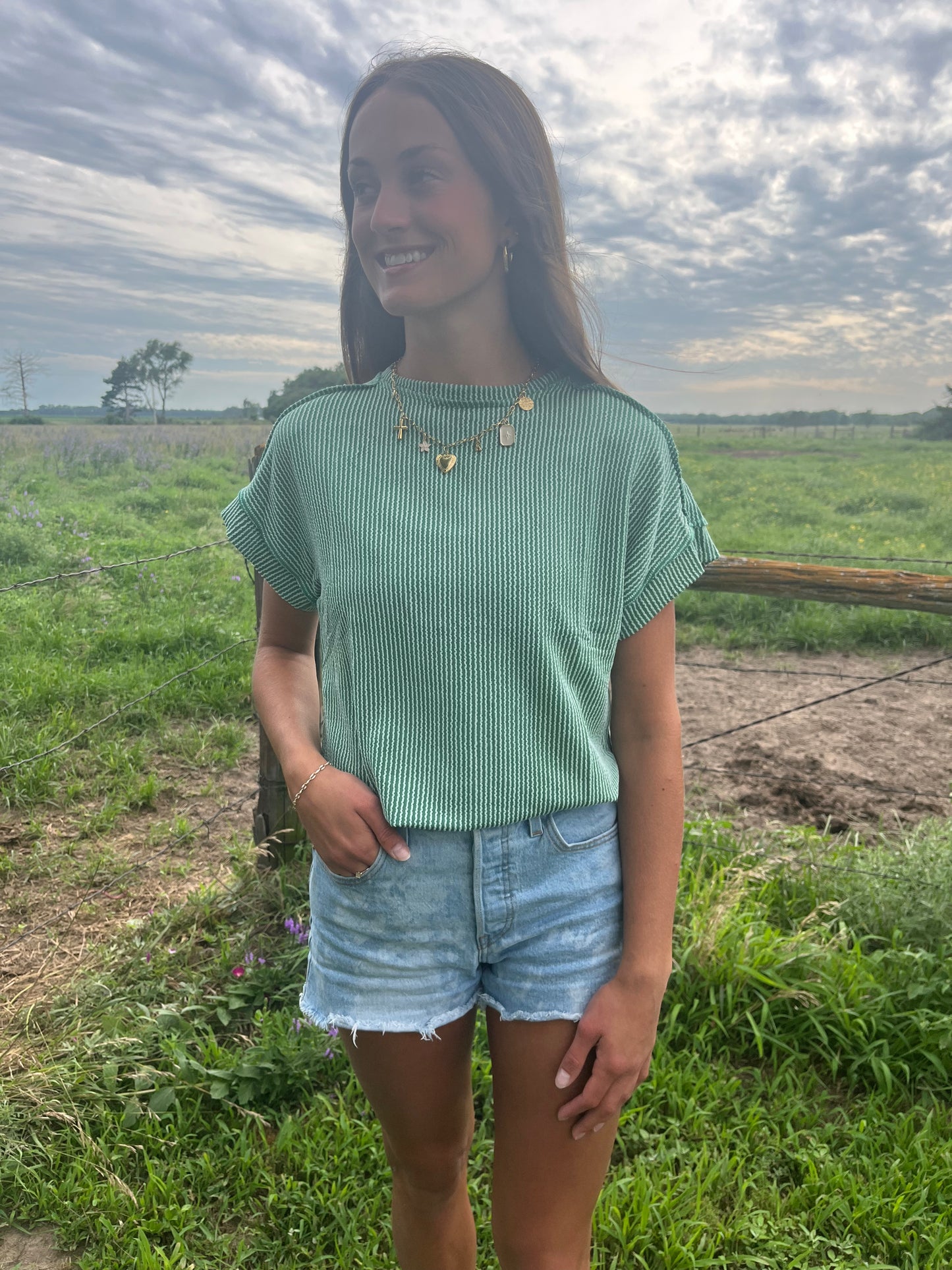 Green Ribbed Short Sleeve Shirt