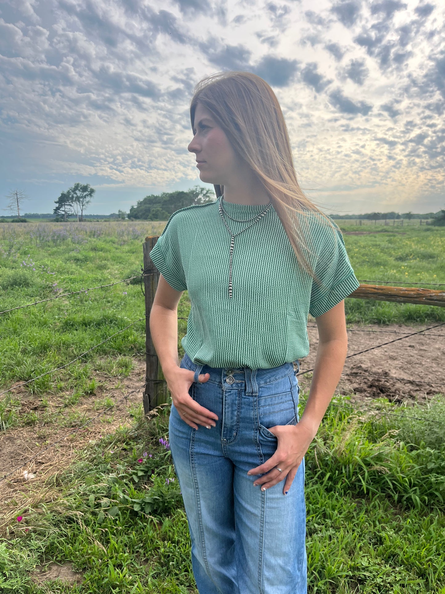 Green Ribbed Short Sleeve Shirt