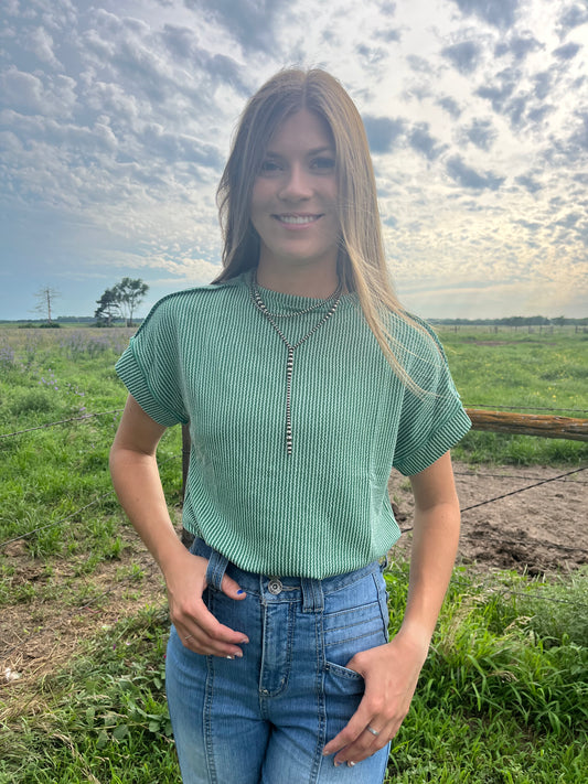 Green Ribbed Short Sleeve Shirt