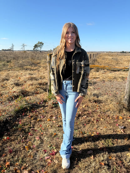 Ribbed Plaid Patchwork Green Jacket