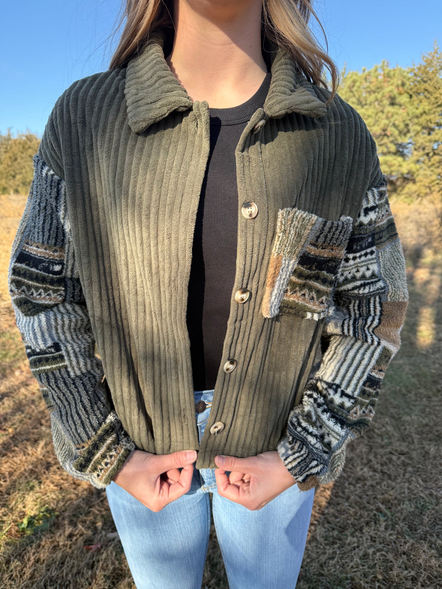 Ribbed Plaid Patchwork Green Jacket