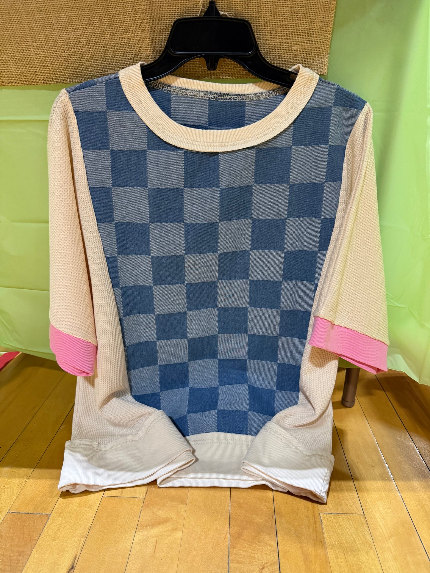 Short Sleeve Checkered Denim Top
