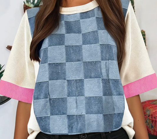 Short Sleeve Checkered Denim Top